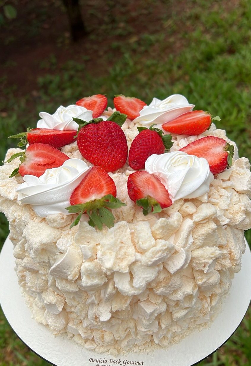 Bolo de nata com morangos frescos e suspiro